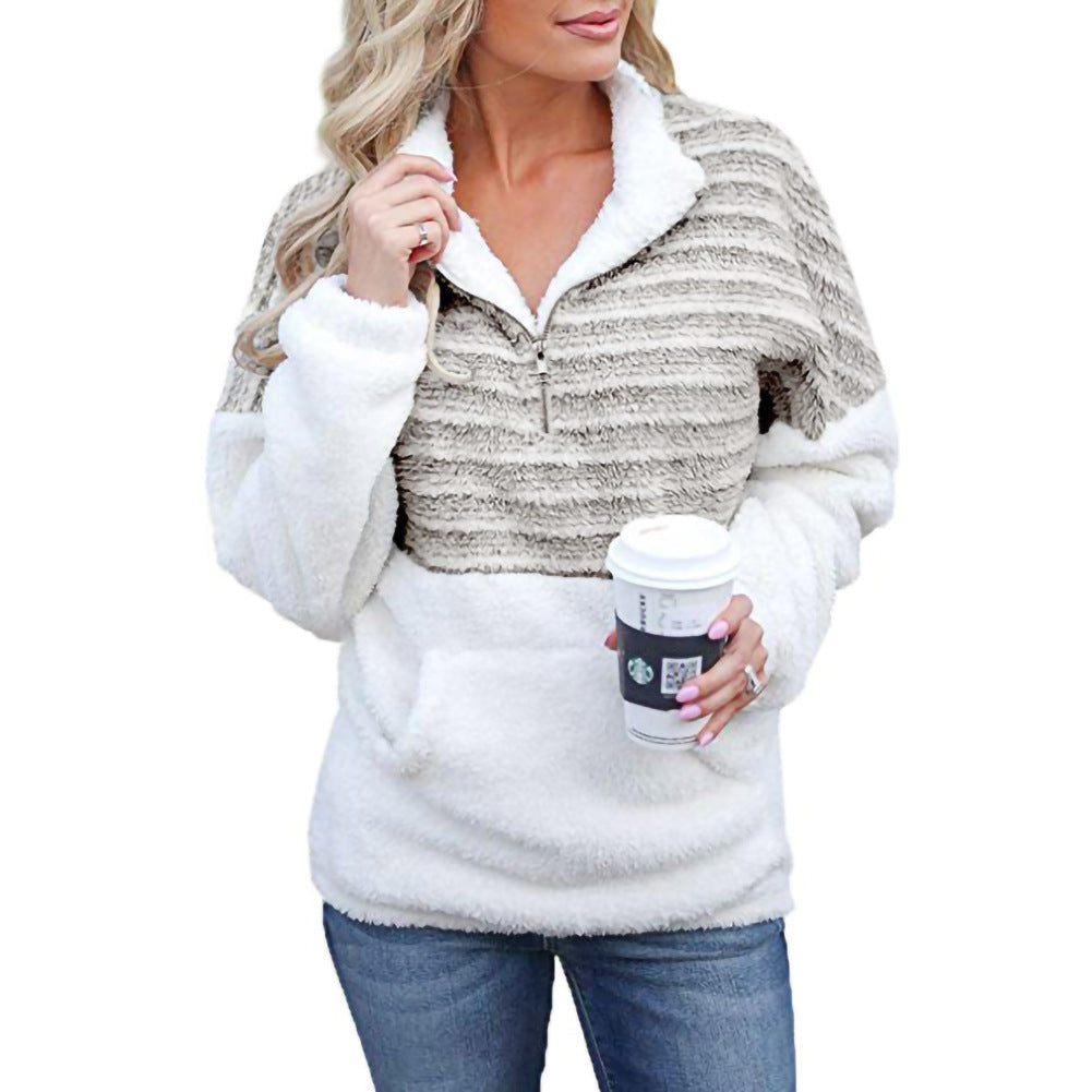 Women's Fashion Plush V-neck Long-sleeve Zipper Color Sweaters