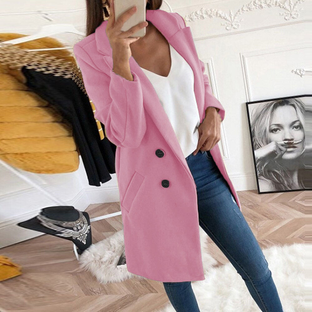 Women's Solid Color Polo Collar Mid-length Button Coats