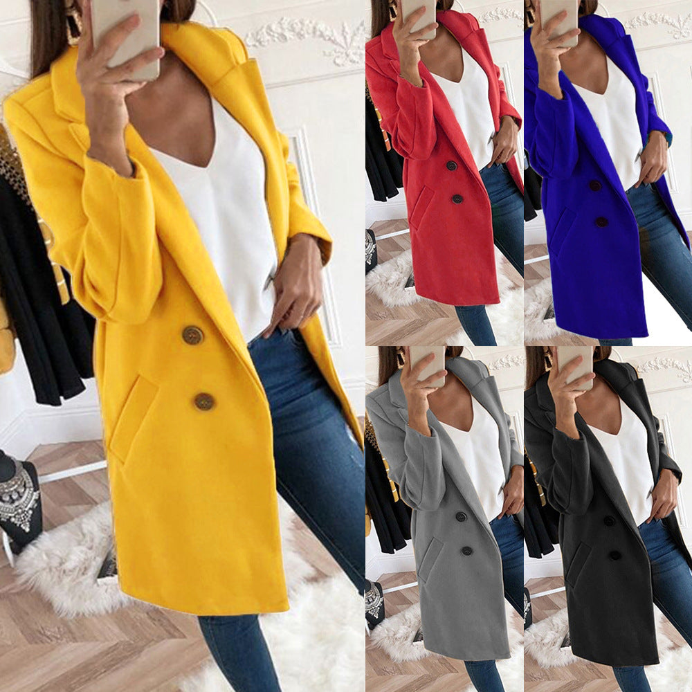 Women's Solid Color Polo Collar Mid-length Button Coats