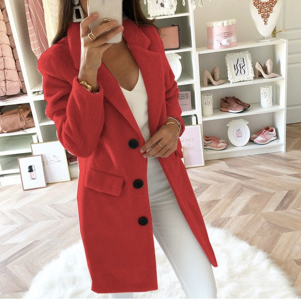 Women's Solid Color Collar Mid-length Double Breasted Coats