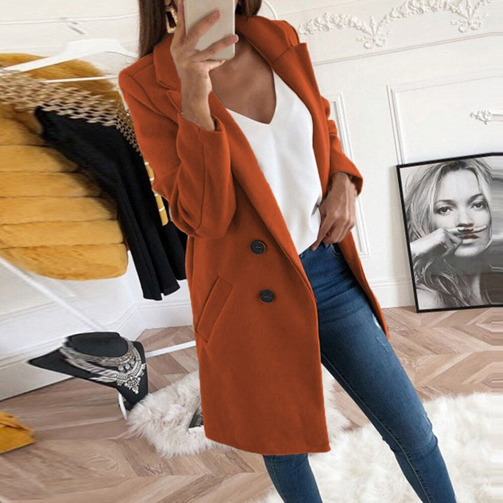 Women's Solid Color Polo Collar Mid-length Button Coats