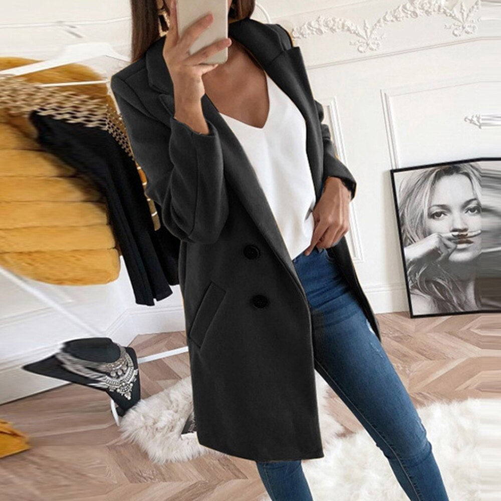 Women's Solid Color Polo Collar Mid-length Button Coats