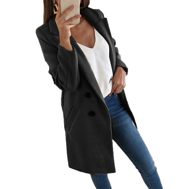 Women's Solid Color Polo Collar Mid-length Button Coats