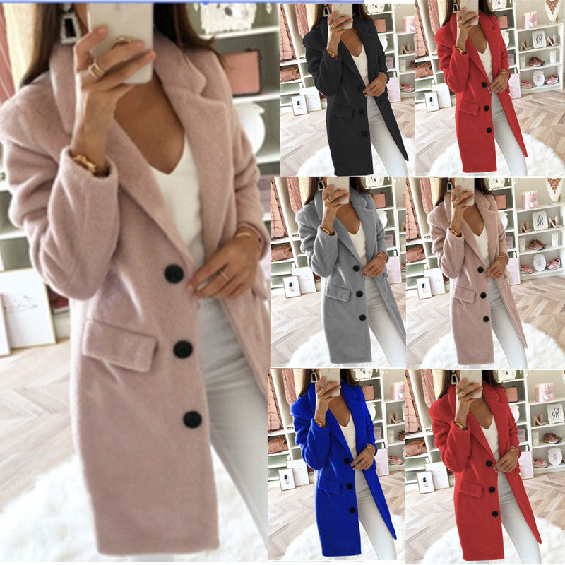 Women's Solid Color Collar Mid-length Double Breasted Coats