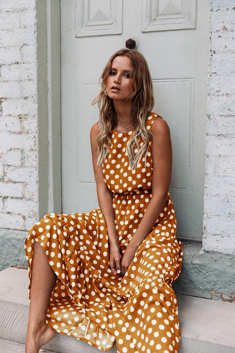 Polka Dot Round Neck Sleeveless Medium Dresses