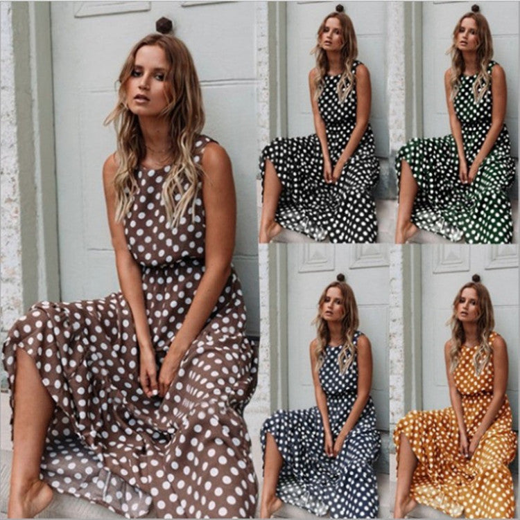 Polka Dot Round Neck Sleeveless Medium Dresses