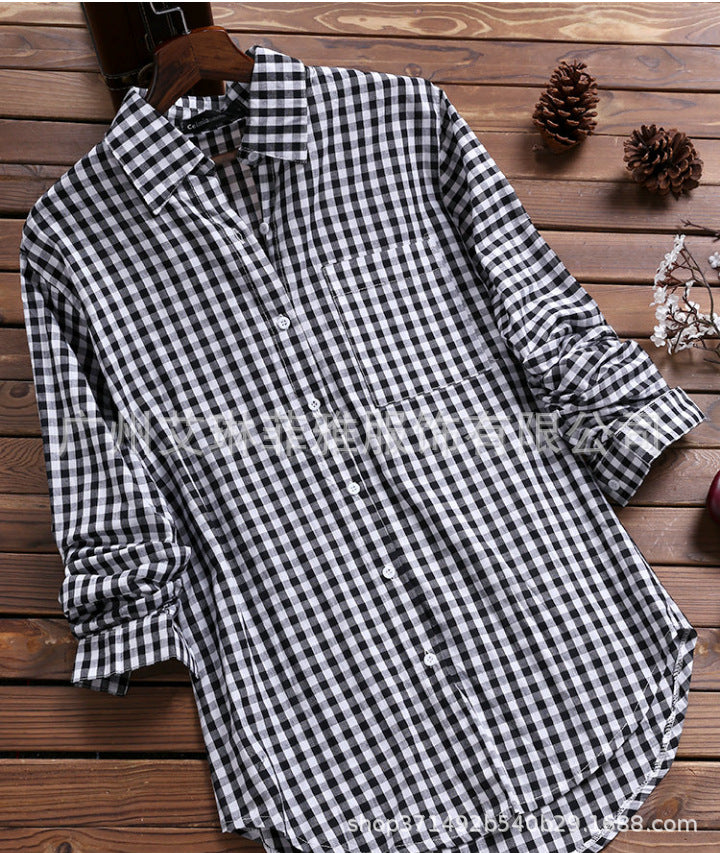 Women's Cotton Plaid Lapel Long-sleeved Retro Shirt Blouses