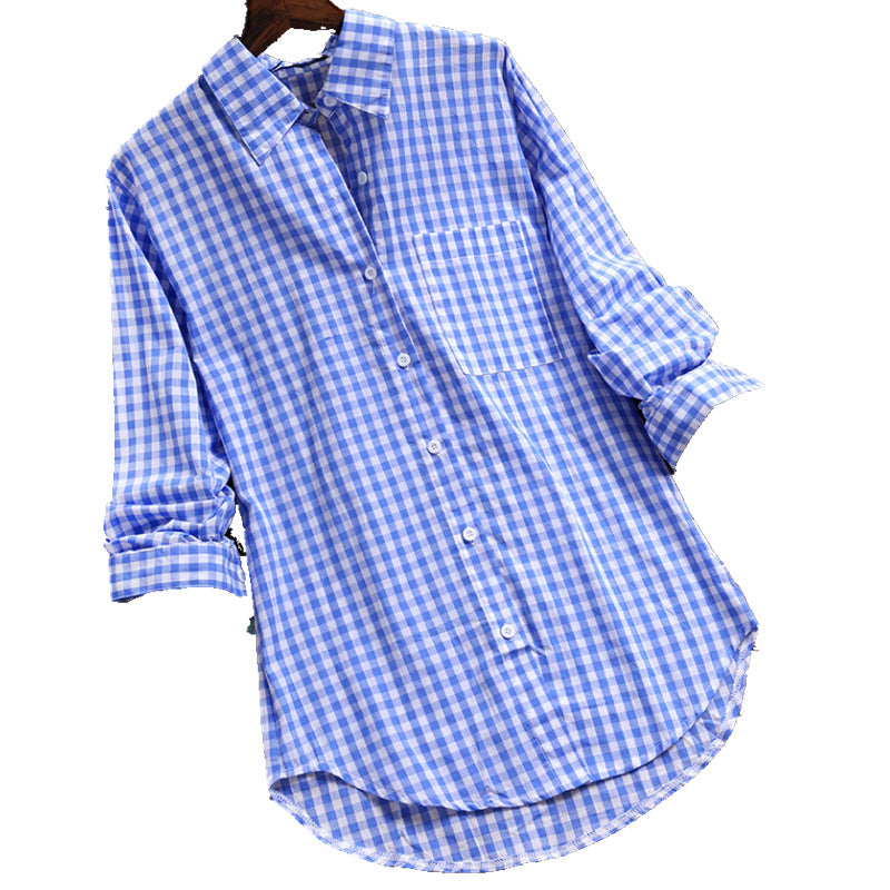 Women's Cotton Plaid Lapel Long-sleeved Retro Shirt Blouses