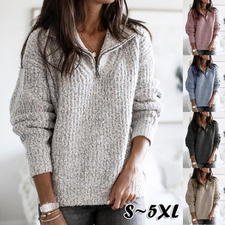 Versatile Attractive Women's Zipper Pullover Long-sleeved Sweaters