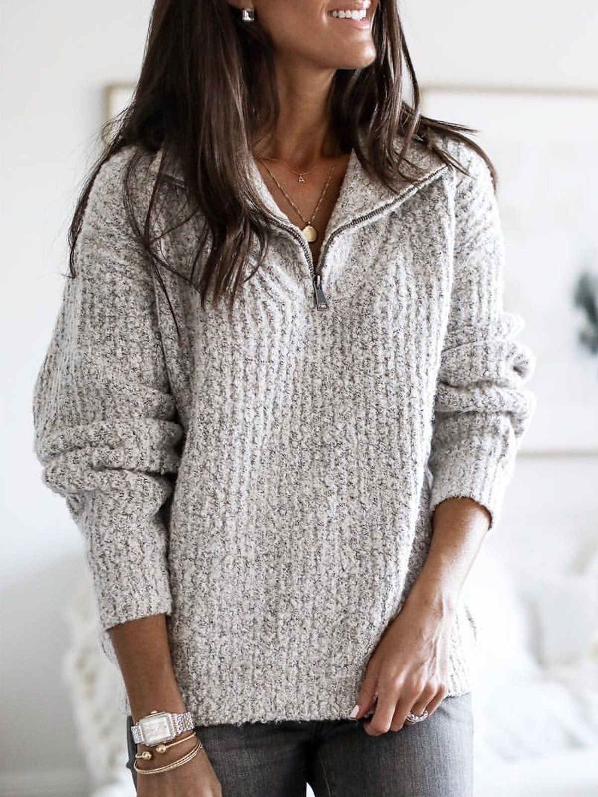 Versatile Attractive Women's Zipper Pullover Long-sleeved Sweaters