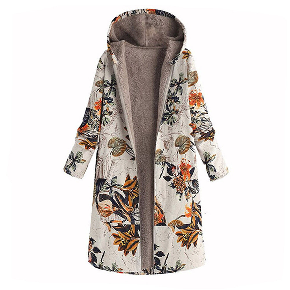 Women's Retro Pattern Print Hooded Long Zipper Coats