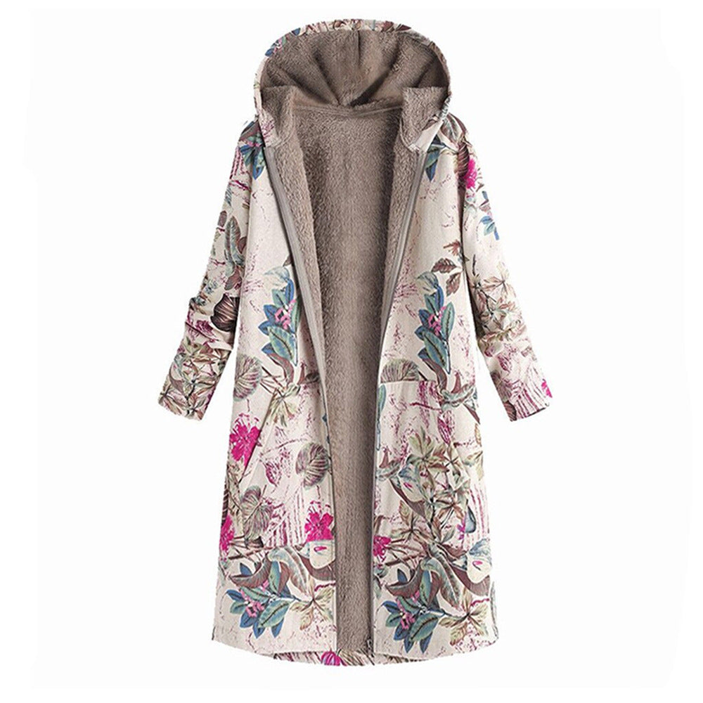 Women's Retro Pattern Print Hooded Long Zipper Coats