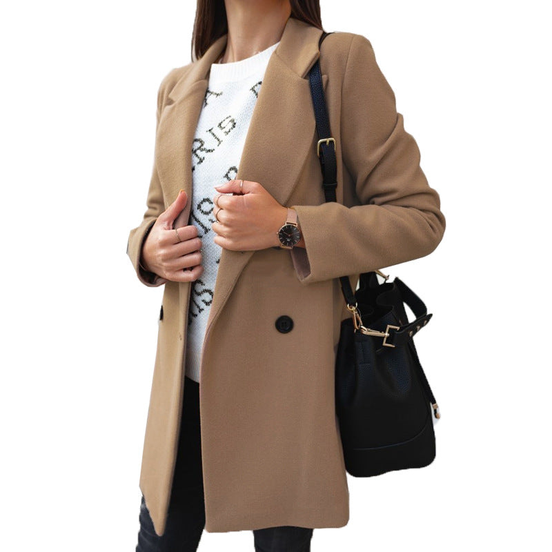 Women's Solid Color Long Sleeve Double Button Collar Coats