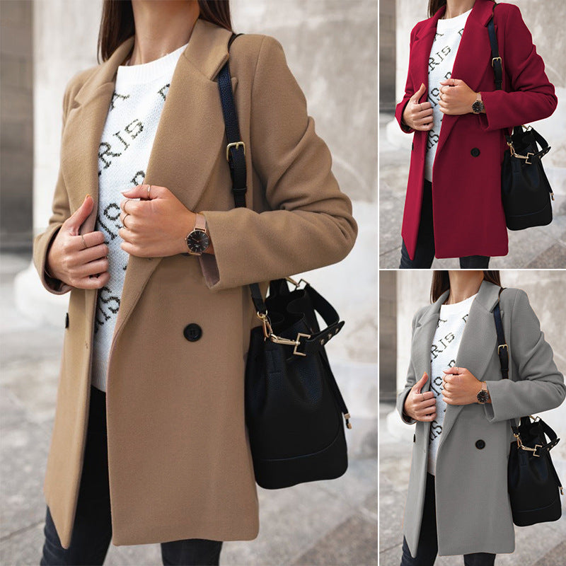 Women's Solid Color Long Sleeve Double Button Collar Coats