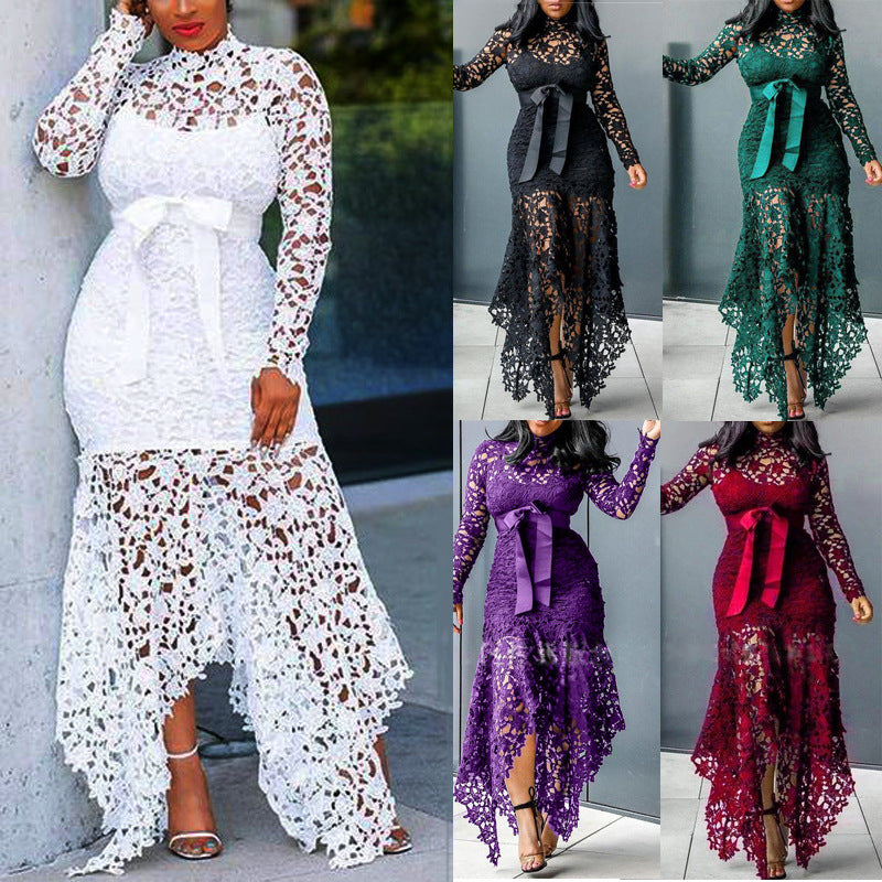 Women's Lace Hollow Out Long Sleeve Collar Tie Color Dresses