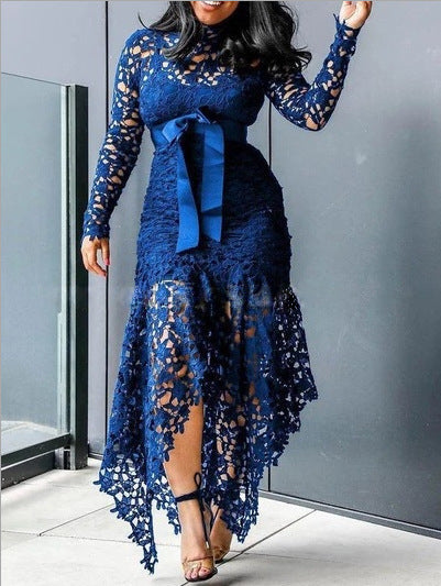 Women's Lace Hollow Out Long Sleeve Collar Tie Color Dresses