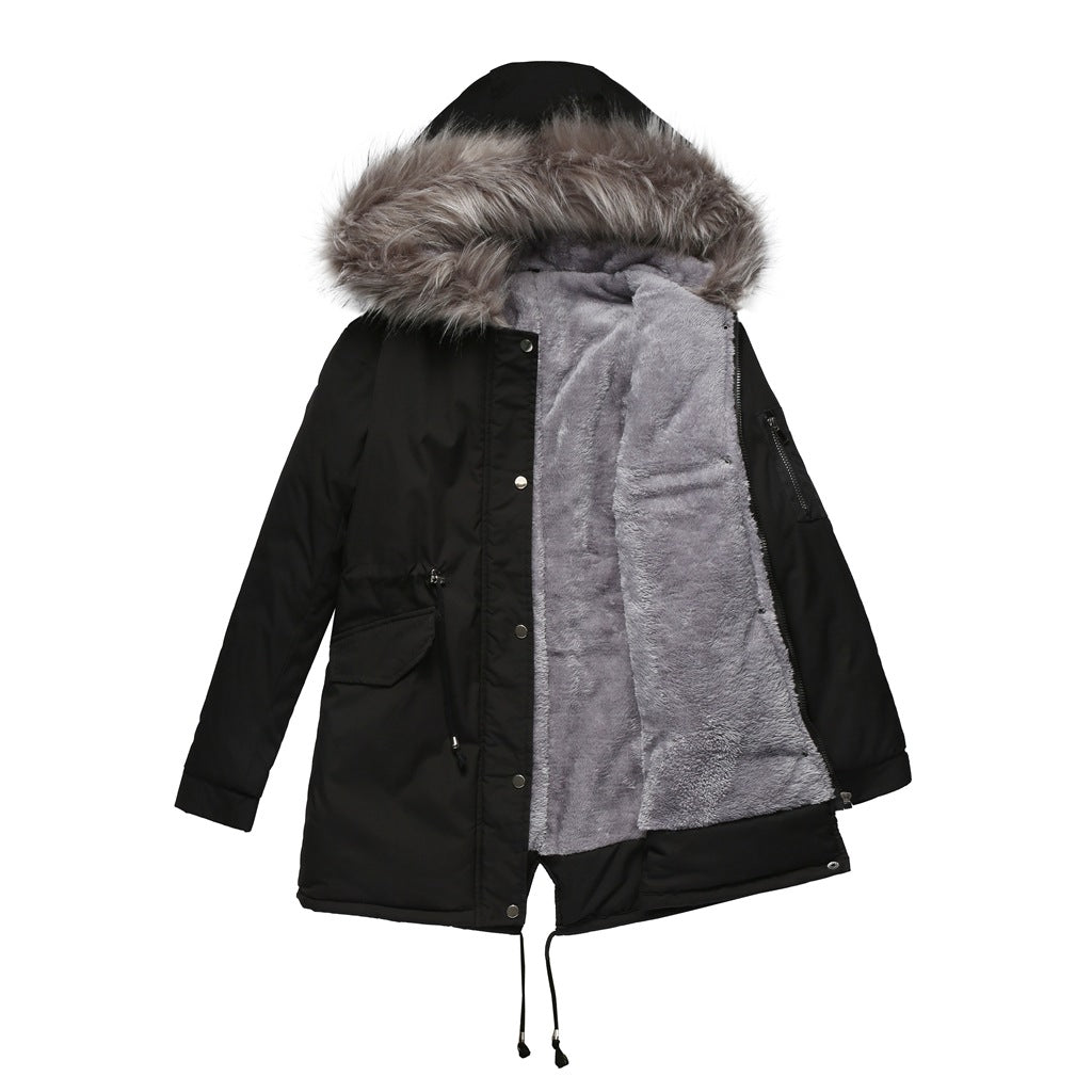 Cotton-padded Mid-length Hooded Winter Warm Fleece Coats