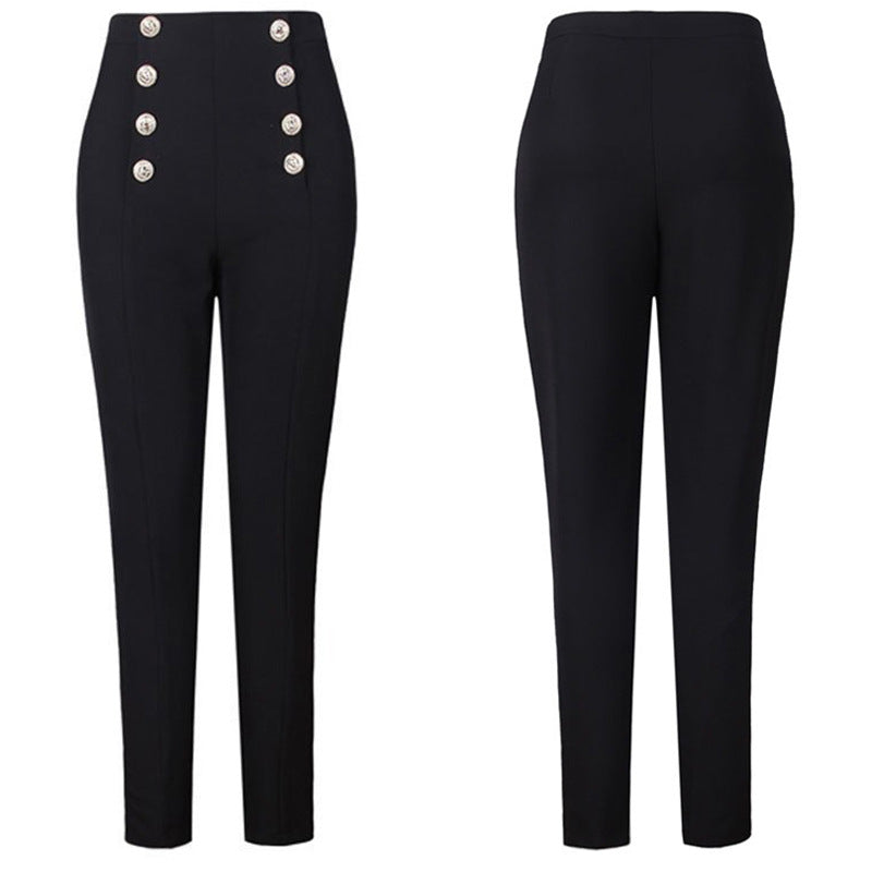 Double Breasted Elastic Slim Fit Skinny Pants