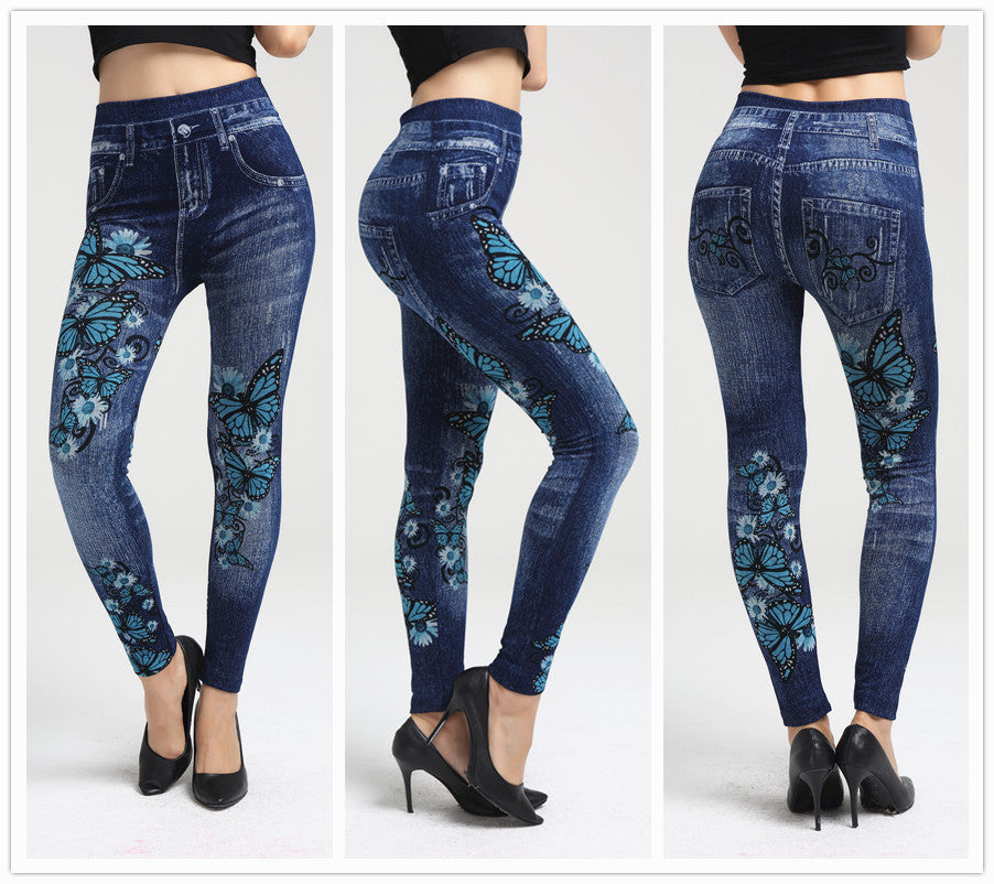 Imitation Denim Big Bowknot Over Stretch Leggings