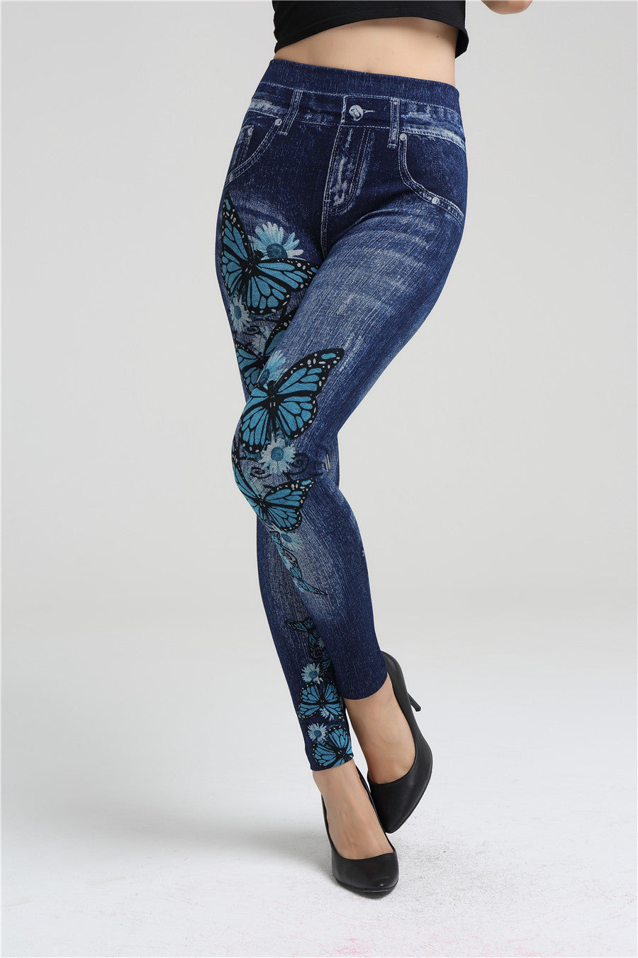 Imitation Denim Big Bowknot Over Stretch Leggings