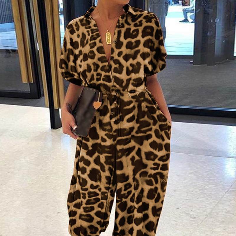 Women's Leopard Print Retro Short-sleeved Button Casual Pants