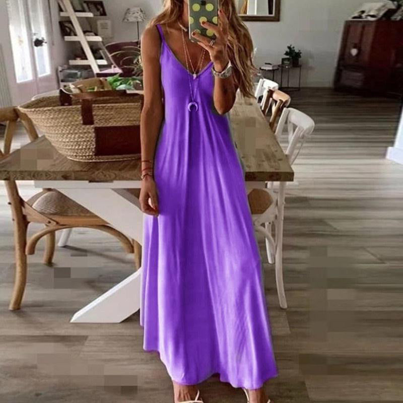 Women's Summer V-neck Sexy Long Loose Large Strap Dresses