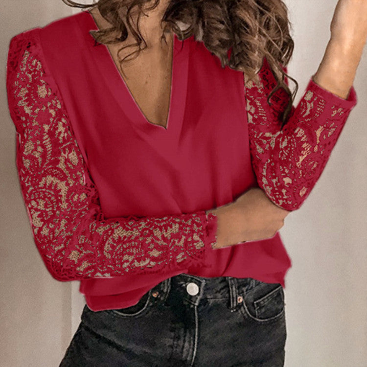 Women's Original Single Stitching Lace Long Sleeve Slim Blouses