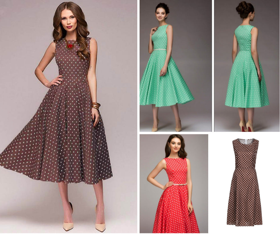 Women's Summer Retro Dots Sleeveless Swing Long Dresses