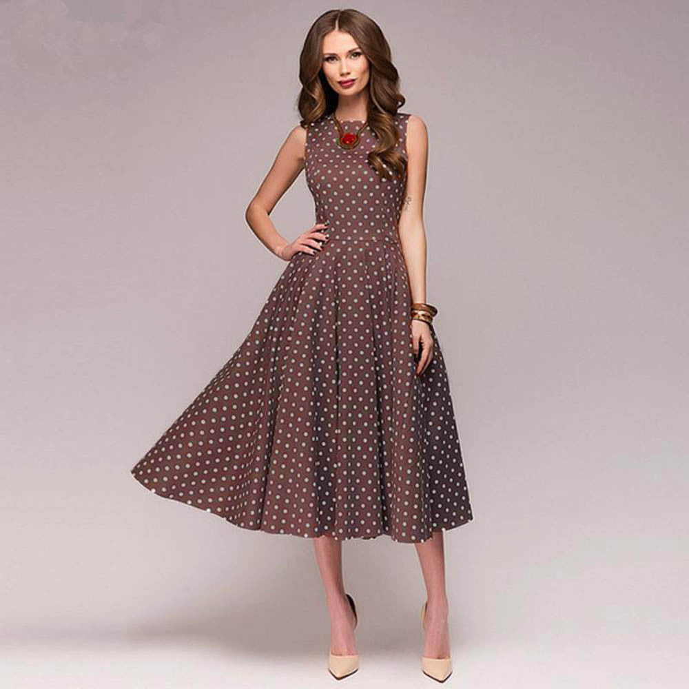 Women's Summer Retro Dots Sleeveless Swing Long Dresses