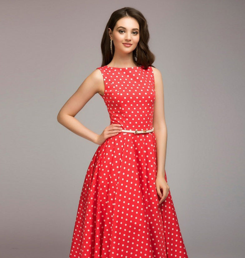 Women's Summer Retro Dots Sleeveless Swing Long Dresses