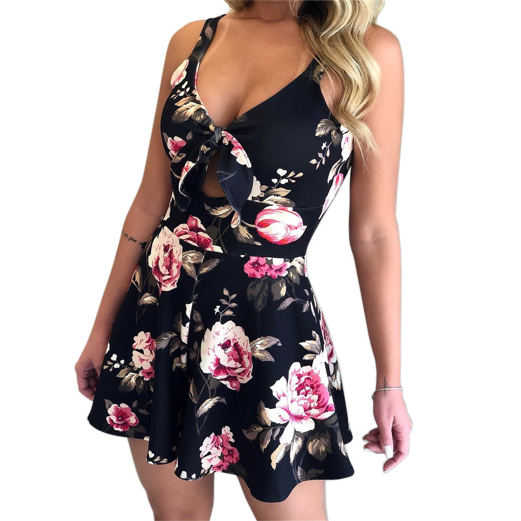 Sexy Chest Bow Printing Loose One-piece Suits