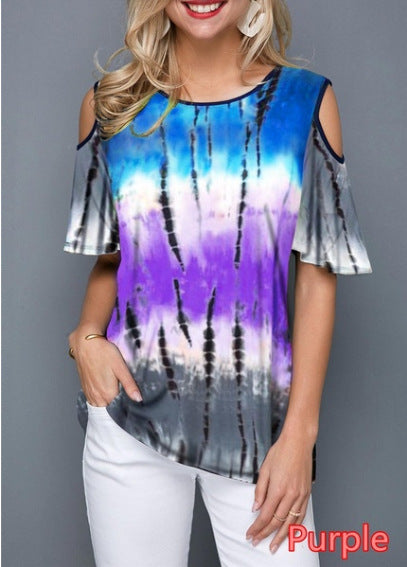 Round Neck Printed Off-the-shoulder Sleeve Color Shorts