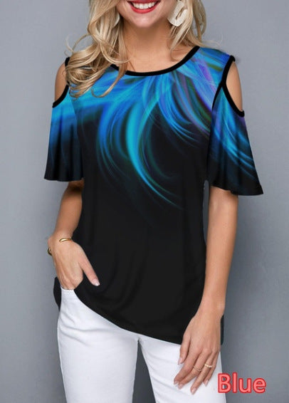 Round Neck Printed Off-the-shoulder Sleeve Color Shorts