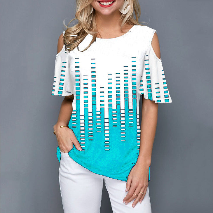 Round Neck Printed Off-the-shoulder Sleeve Color Shorts