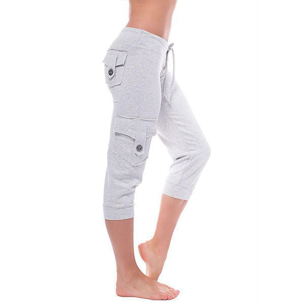 Stretch Waist Button Pocket Yoga Cropped Pants