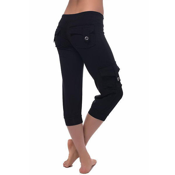 Stretch Waist Button Pocket Yoga Cropped Pants