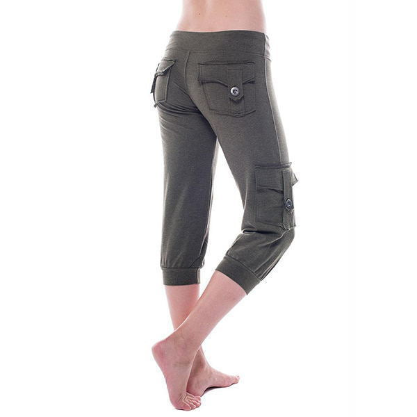 Stretch Waist Button Pocket Yoga Cropped Pants