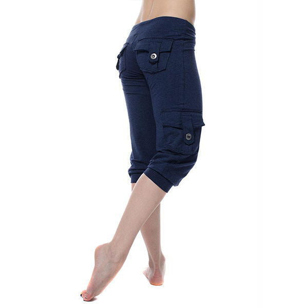 Stretch Waist Button Pocket Yoga Cropped Pants