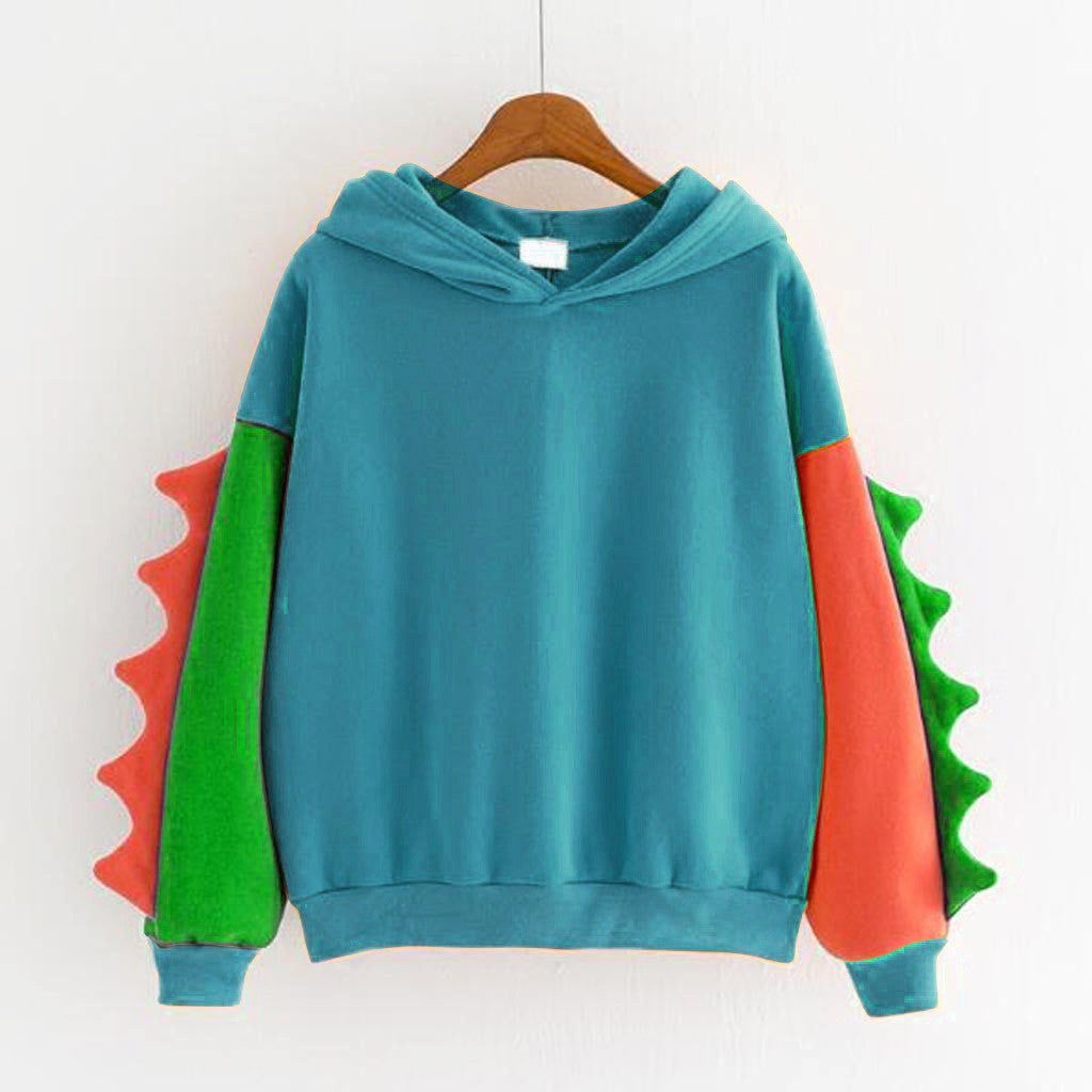 Irregular Dinosaur Contrast Color Hooded Long Sweaters