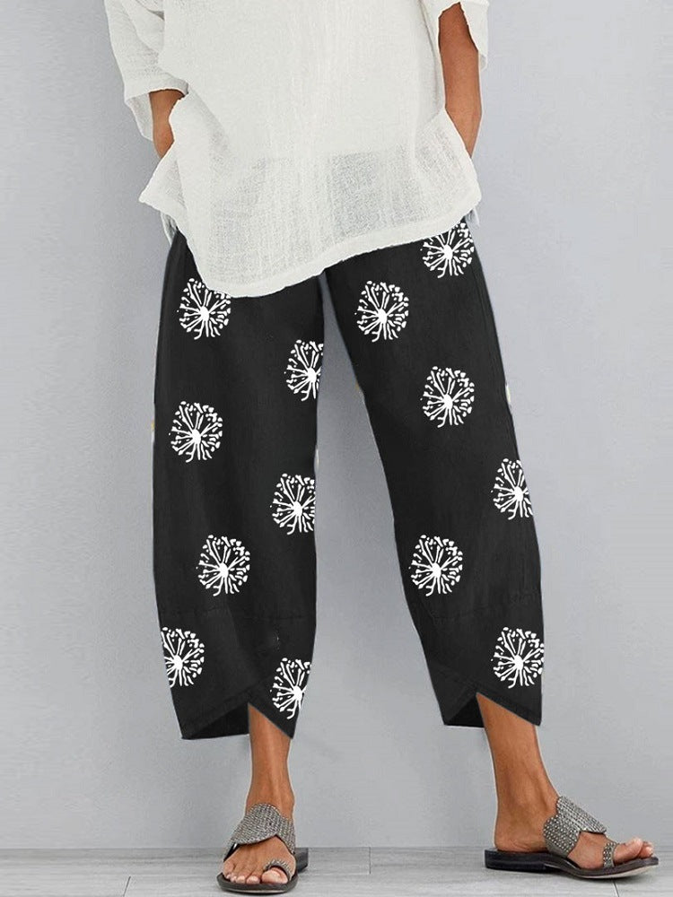 Women's Loose Dandelion Print Elastic Waist Dungarees Pants