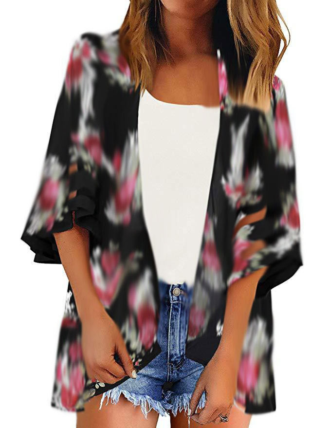 Color Printing Shirt Kimono Mesh Stitching Blouses