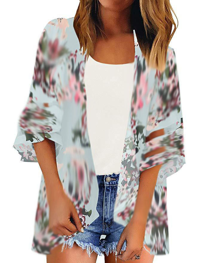 Color Printing Shirt Kimono Mesh Stitching Blouses