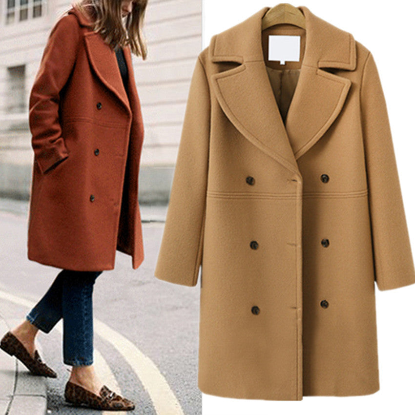 Popular Women's Large Woolen Double-breasted Mid-length Coats