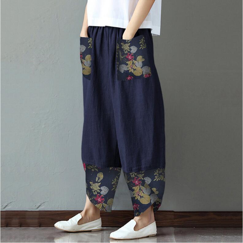 Women's Printed Patchwork Cotton Linen Wide-leg Loose Pants