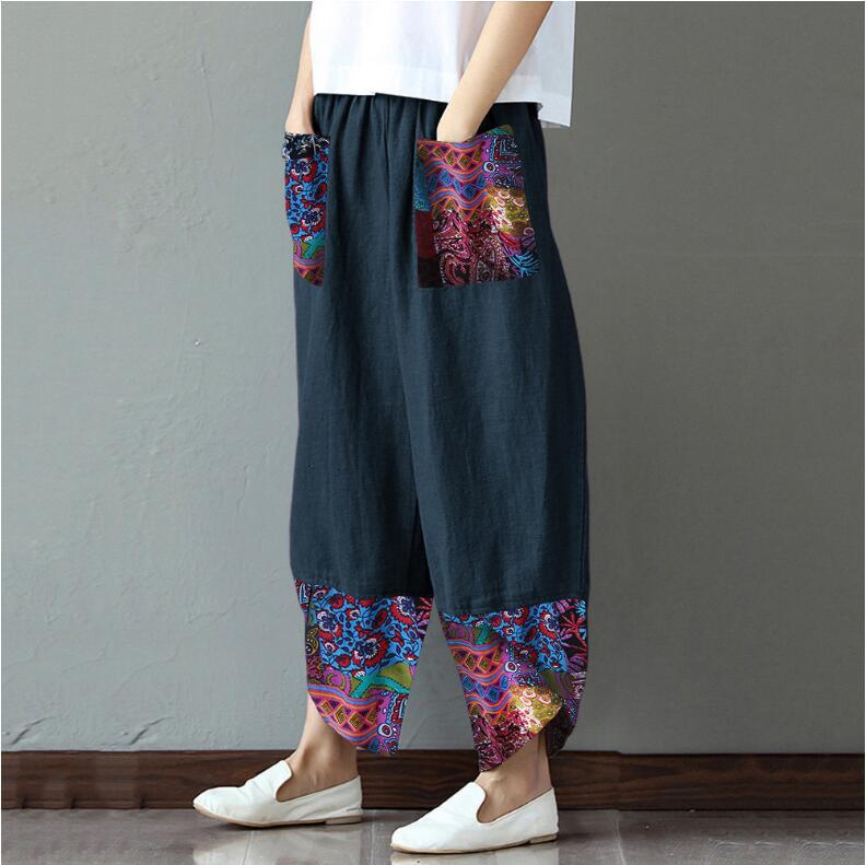 Women's Printed Patchwork Cotton Linen Wide-leg Loose Pants