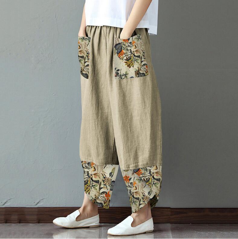 Women's Printed Patchwork Cotton Linen Wide-leg Loose Pants