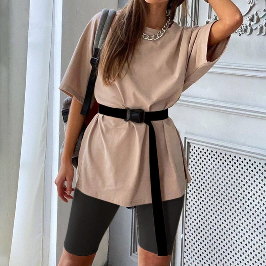 Women's Two-piece Set With Belt Solid Color Suits
