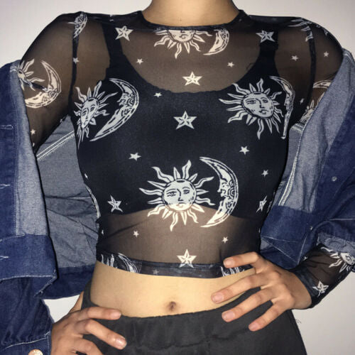 Women's Summer Star Moon Printed Mesh T-shirt Blouses