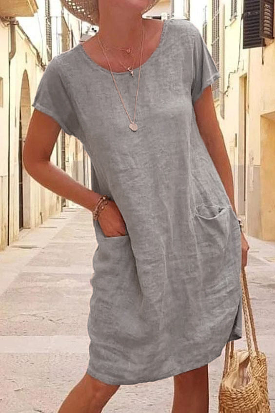 Summer Loose Solid Color Pocket Sleeve Round Neck Cotton Linen Shorts