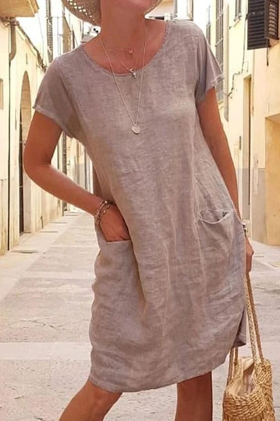 Summer Loose Solid Color Pocket Sleeve Round Neck Cotton Linen Shorts